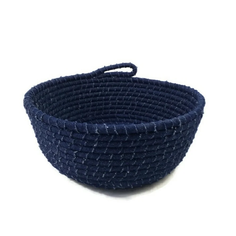 Handmade Upcycled Denim Coiled Rope Bowl Dark Wash Storage Basket Medium